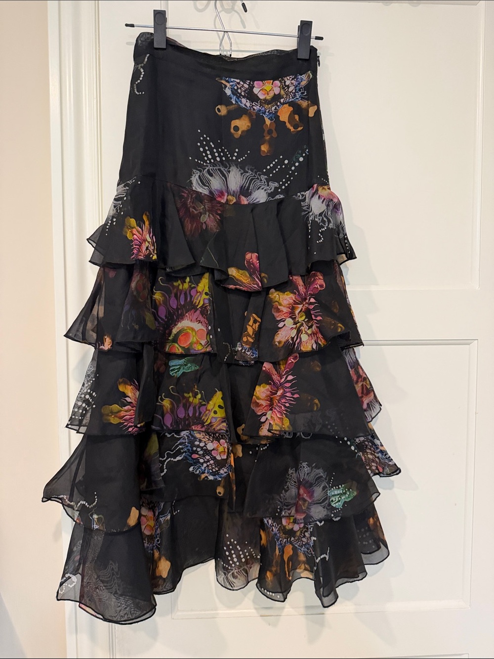 Cynthia Rowley Black Floral Tiered Ruffle Skirt with Multicolor Print